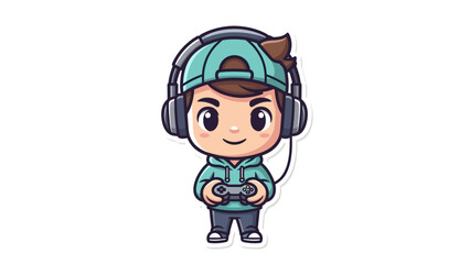Fototapeta premium Cute cartoon boy gamer with headphones and controller playing video games.