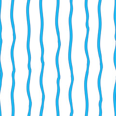 Seamless vector vertical blue stripe pattern. Hand drawn free flowing  jagged lines create an endless print for fabric and wallpaper. Minimalistic Scandinavian wavy background design. Uneven kids 