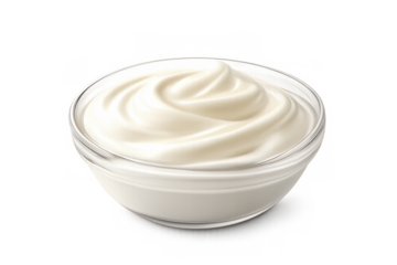 Swirling white cream in a clear glass bowl for food, dairy, or sauce design on a transparent background