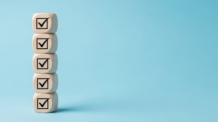 Wooden blocks with checkmarks stacked vertically on blue background