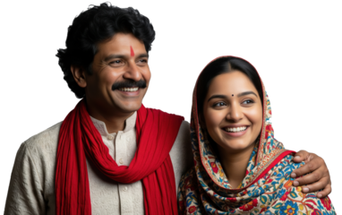 young indian villager couple wearing traditional cloths standing together on white background