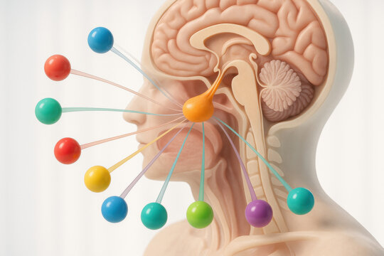 Endocrine system medical illustration showing human brain anatomy. hypothalamus and pituitary gland releasing colorful hormone, concept for biology, science, and healthcare