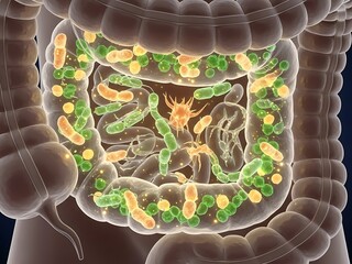 Microscopic View of Human Gut Microbiome with Diverse Bacteria and Microorganisms.