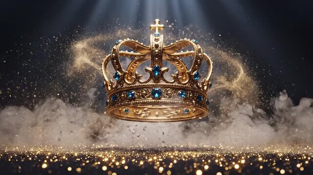Golden crown with blue jewels against dark background