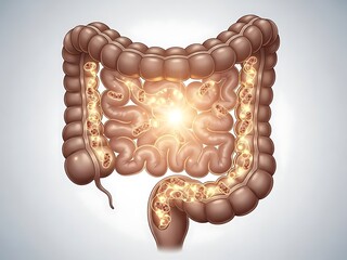 Detailed Illustration of the Human Digestive System with Glowing Intestines.