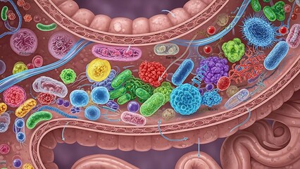 Microscopic View of Gut Microbiome Diversity and Intestinal Flora.