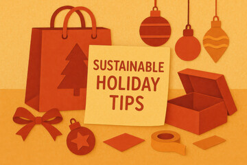 Warm seasonal waste reduction paper cut scene with sustainable holiday tips. red gold palette shows gift packaging, bag, and ornament for conscious Christmas celebration