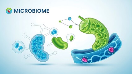 Microbiome illustration showing bacteria interacting with human cells.