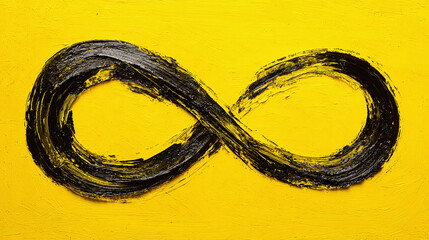 A stylized infinity symbol painted in black against a bright yellow background, representing boundlessness