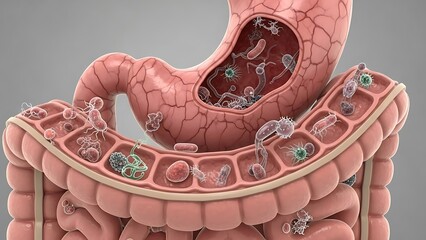 3D Medical Illustration of Human Digestive System with Bacteria.