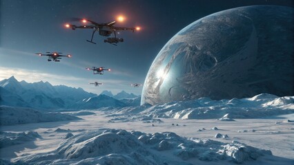 Obraz premium Advanced drone swarm scanning an icy exoplanet