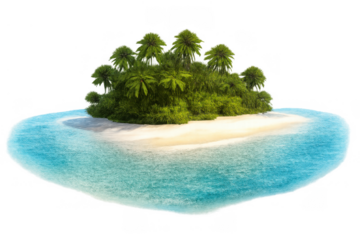 Tropical island paradise with sandy beach and turquoise ocean surrounded by lush green palm trees, transparent background