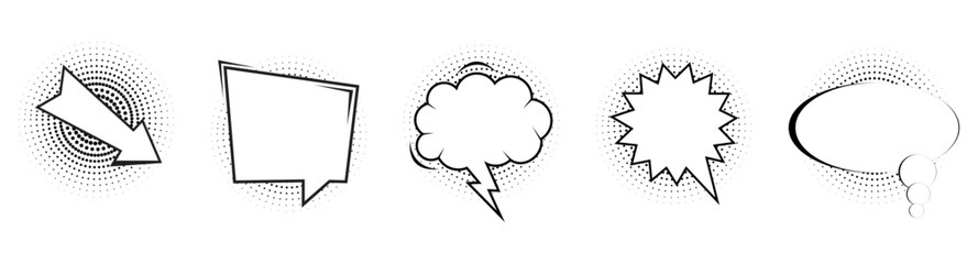 Retro empty comic speech bubbles set with black halftone shadows. Vintage design, pop art style 