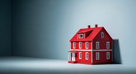 A Miniature Red House Model on a Gray Surface with Dramatic Lighting.