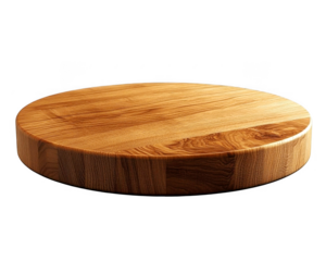 Round wooden cutting board shows natural wood grain texture on transparent background