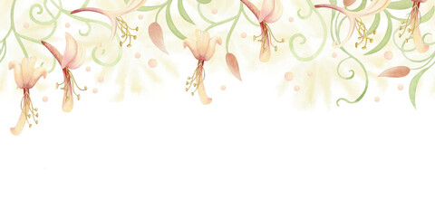 Sunny garden honeysuckle flowers with vine leaves and stems, pollen and shining sun watercolor seamless border. Spring liana repeat upper banner. Climbing plant in neutral colors for floral designs