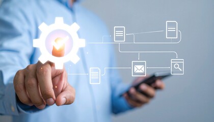Optimizing Digital Business Processes A Hand Engages with a Gear Icon, Symbolizing Advanced Workflow Automation and Efficient Data Management Solutions Across Connected Systems