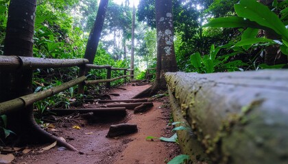 A winding forest path with wooden railings and lush green foliage on a sunny day