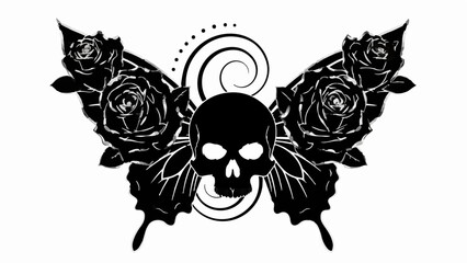 Dark fantasy illustration of a skull with butterfly wings adorned with roses and swirling motifs