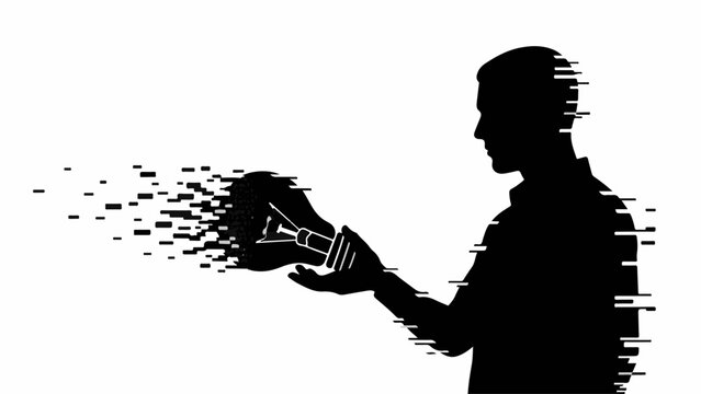 Silhouette of a person holding a lightbulb that is dissolving into digital pixels, symbolizing innovation and ideas.
