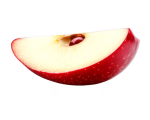 One red apple slice showcases its seed and crispness on transparent background