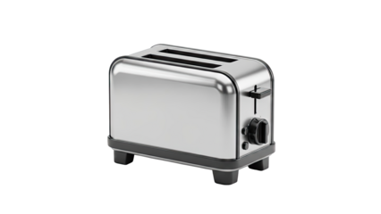 Shiny chrome two-slice toaster with black accents on a white background