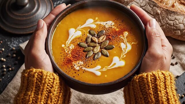 Hands in a cozy sweater hold a warm bowl of homemade creamy pumpkin soup with bread for an autumn meal