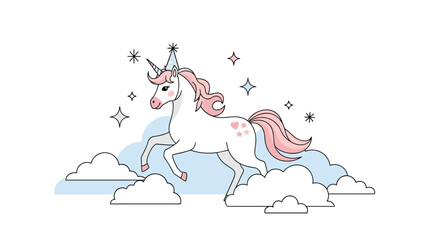 magical white unicorn wearing a festive party hat leaps gracefully over soft white clouds against a starry blue sky in a whimsical style.