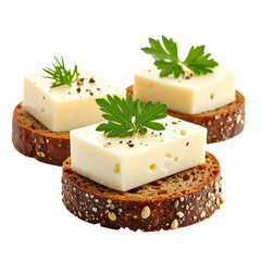 Rye bread and cheese canap&eacute;s isolated on white background, highlighting the contrast between the dark bread and light cheese for a clean shot
