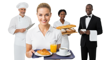 Young caucasian woman, blonde, in white shirt, warmly presents croissant, orange juice, coffee on purple tray in bright studio, blurred diverse service team behind, concept of hospitality service