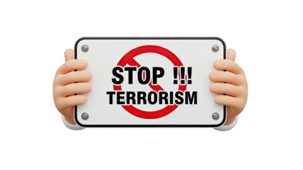 Stop Terrorism Sign Held by Cartoon Hand