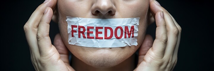 Freedom of speech concept with mouth covered text
