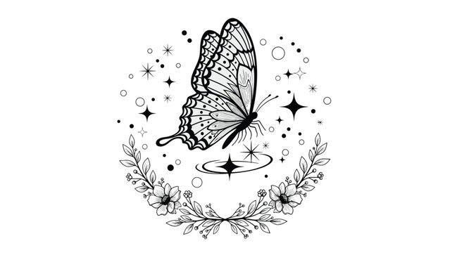 intricate black and white butterfly illustration surrounded by celestial stars, moons, and floral elements for a mystical and occult aesthetic.