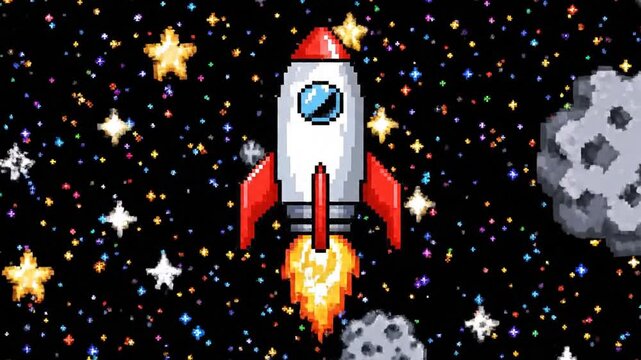 Vintage pixelated space rocket ship launching through cosmic stardust in classic 8-bit video game aesthetic with vibrant glowing exhaust trail and stellar background scenery.