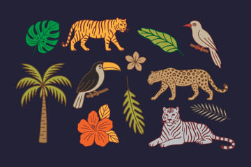 Set of Stickers exotic tropical leaves, tigers, leopards, birds and wild animals, jungle plants and flowers. Colorful vector hand drawn jungle in cartoon retro doodle style design illustration © Muhammad