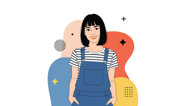 confident young woman with short black hair wearing denim overalls stands against a colorful abstract background with geometric shapes.