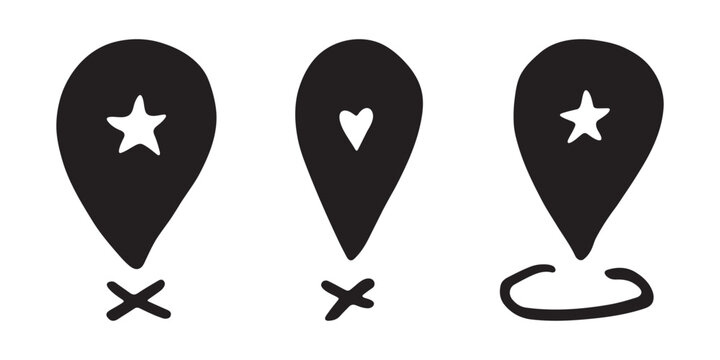 Set of hand drawn map pin Map marker pointer sign GPS and mapping tools Location pin symbol Pinpoint clipart in doodle style Single element for web, design