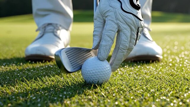 Golf ball on green course with golf shoes preparation ready to play