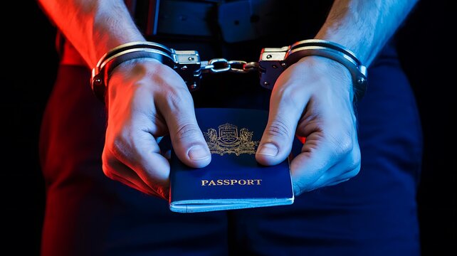 Arrested criminal hands with handcuffs holding passport
