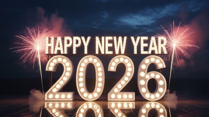 New Year 2026 Celebration with Fireworks and Light-Up Letters on Reflective Surface Night Scene