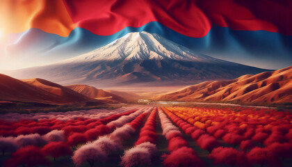An Armenian flag in ancient Mount Ararat landscape, Ai generated image
