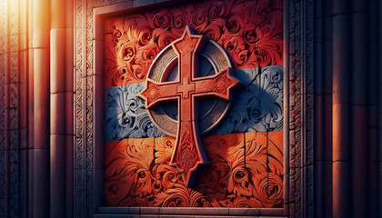 An Armenian flag in intricate stone cross-stones khachkars, Ai generated image