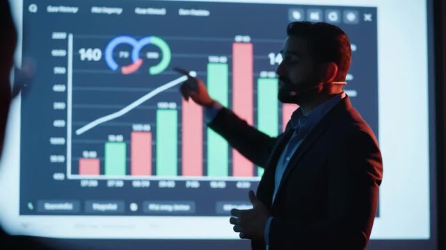 Businessman presenting data on a projector screen with graphs and charts