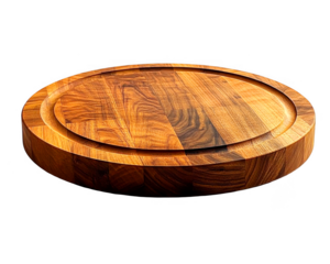 Round wooden cutting board showcases its rich grain and sturdy construction on transparent background