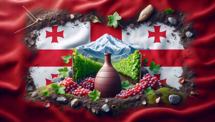 A Georgian flag in Caucasus mountain vineyards, Ai generated image