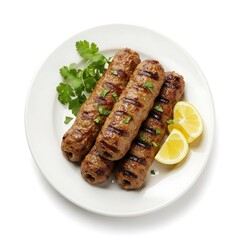 Illustration of grilled sausages on a plate with lemon and herbs isolated on white background