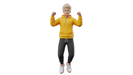 Young Man in Yellow Hoodie Flexing Muscles