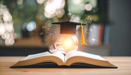 A glowing lightbulb wearing a mortarboard, above an open book with academic icons