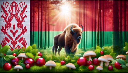 A Belarusian flag in primeval forest and bison reserve, Ai generated image
