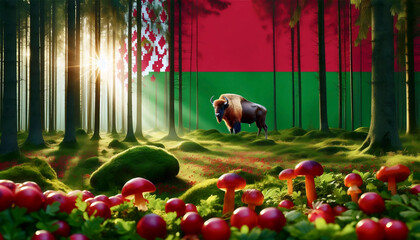 A Belarusian flag in primeval forest and bison reserve, Ai generated image